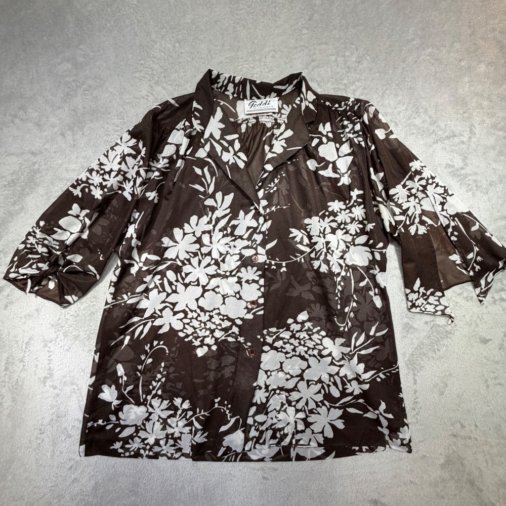 Vintage 70s Teddi of California Floral Blouse Brown‎ White Sheer Size 16